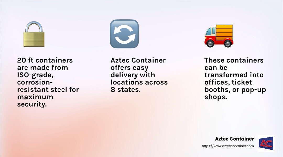 Secure storage and versatile use infographic - 20 ft container rental infographic 3_facts_emoji_light-gradient