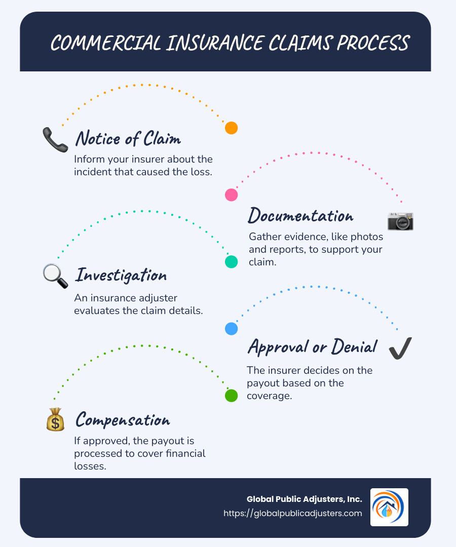 detailed infographic on commercial insurance claims process including notice of claim, documentation, investigation, decision, and compensation - commercial insurance claims process infographic infographic-line-5-steps-blues-accent_colors