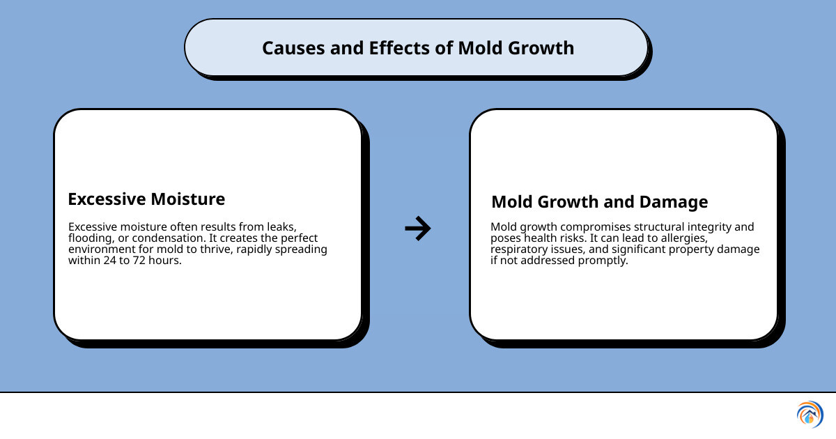 Infographic detailing the causes and effects of mold growth and the importance of moisture control, including common sources like leaking pipes and condensation, illustrated with charts and diagrams - mold and water remediation infographic cause_effect_text