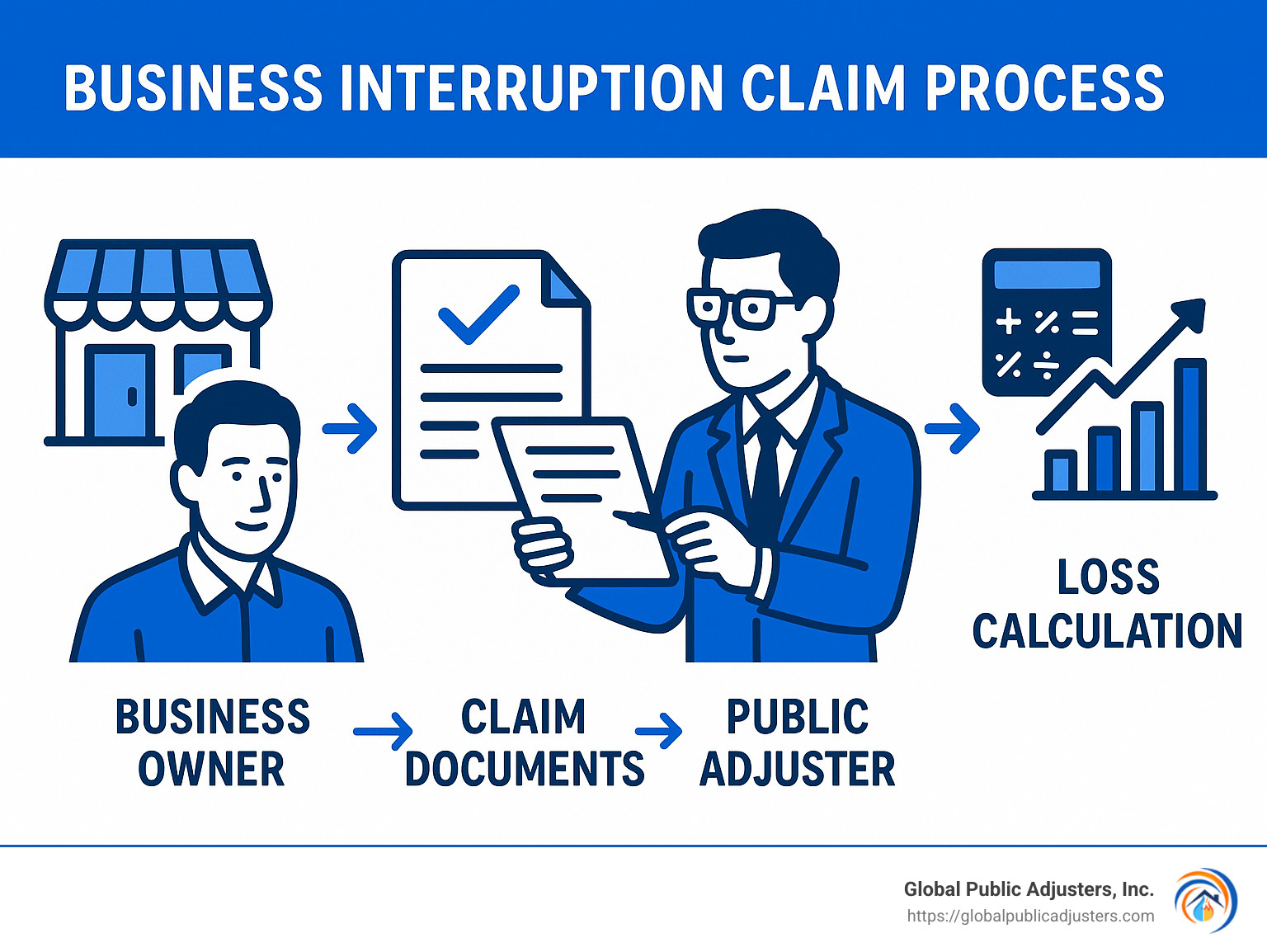 public adjuster reviewing claim documents with business owner - business disruption insurance infographic
