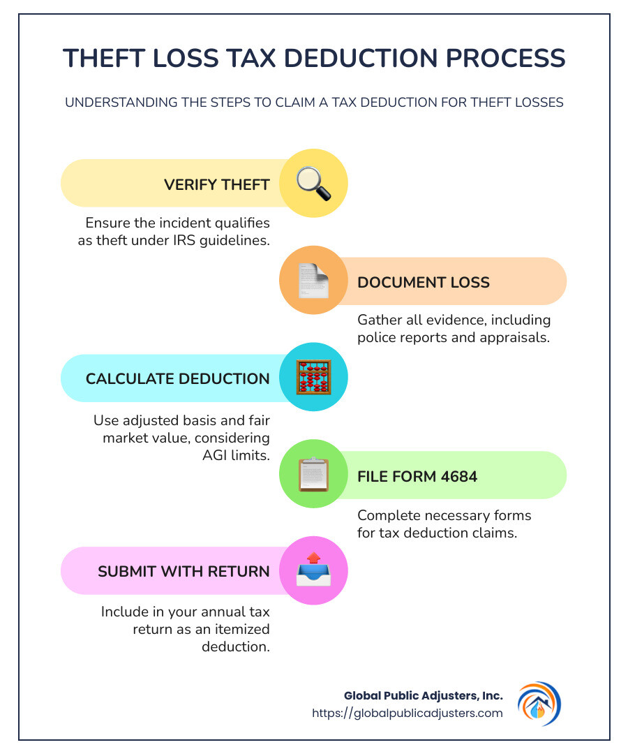 Flowchart showing theft loss tax deduction process with decision points for federally declared disaster status, business vs personal property, documentation requirements, and calculation method including AGI limitations - can i claim a theft loss on my taxes infographic infographic-line-5-steps-colors Flowchart showing theft loss tax deduction process with decision points for federally declared disaster status, business vs personal property, documentation requirements, and calculation method including AGI limitations - can i claim a theft loss on my taxes infographic infographic-line-5-steps-colors