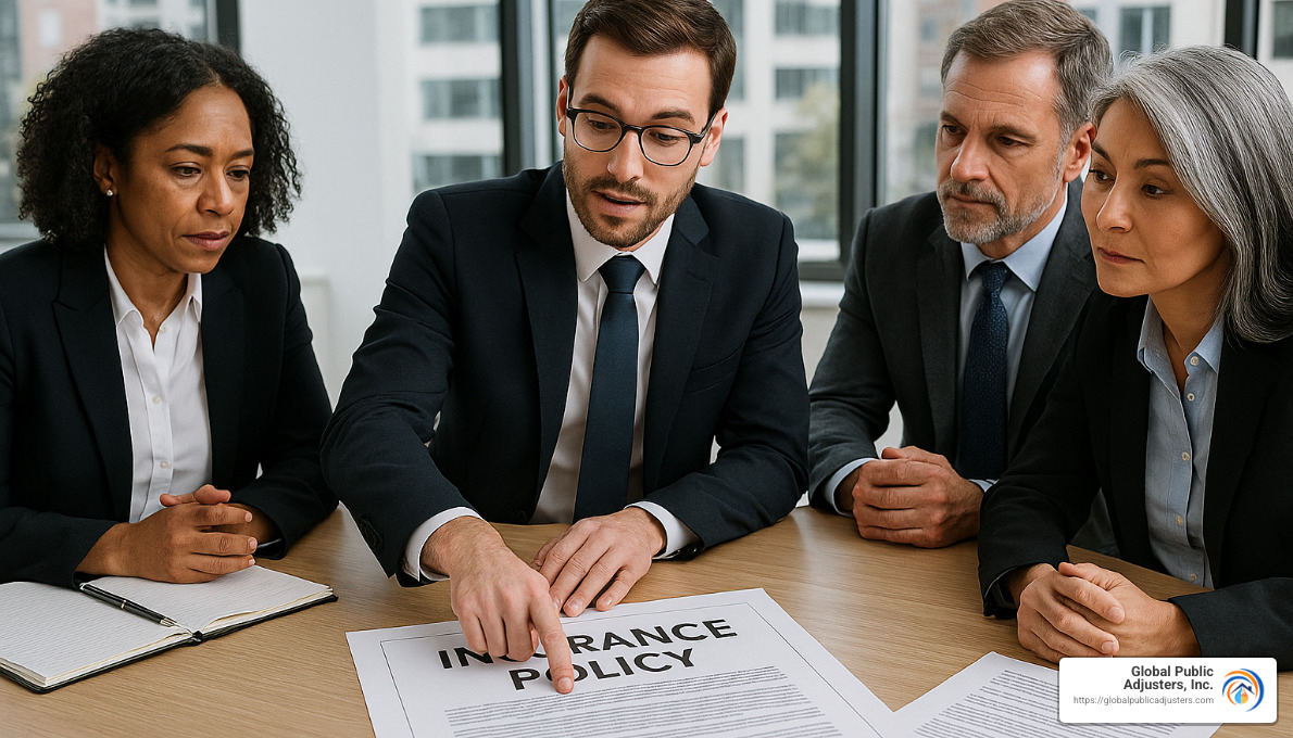attorney meeting with business executives reviewing insurance policy documents - commercial insurance claims attorney