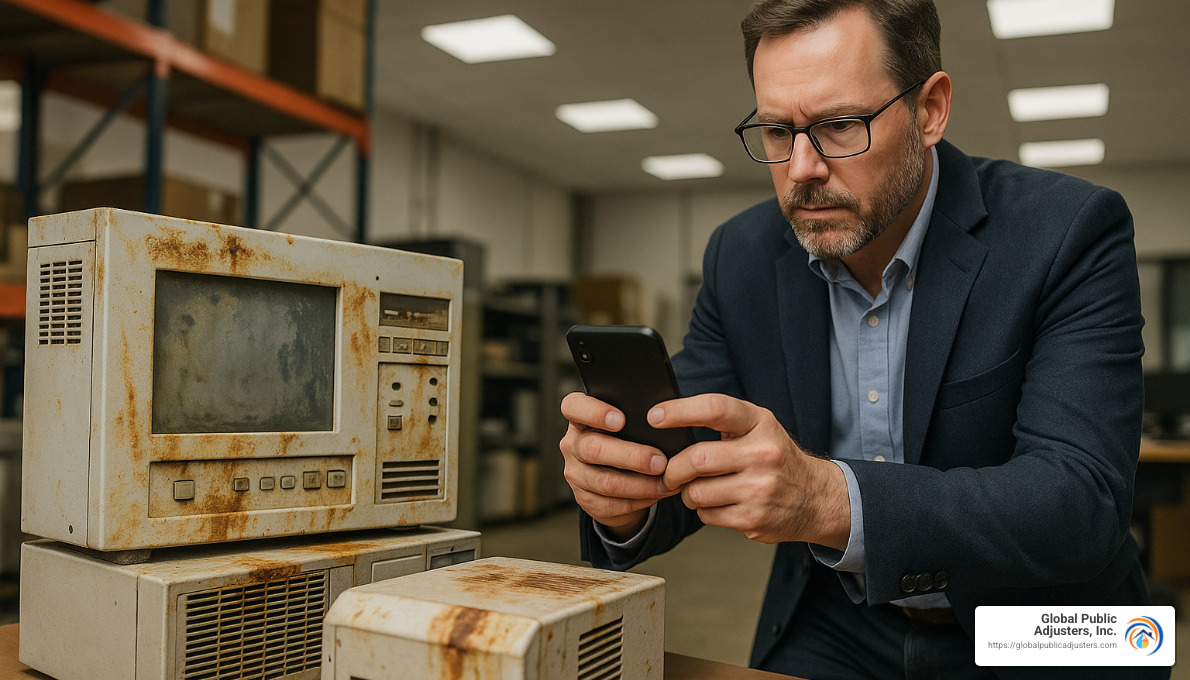 business owner photographing water damage to commercial equipment - commercial insurance claims attorney
