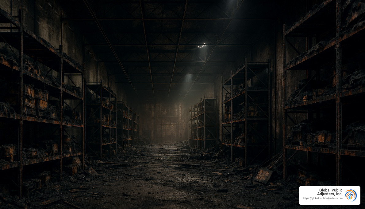 warehouse with fire damage showing charred walls and destroyed inventory - commercial insurance claims attorney