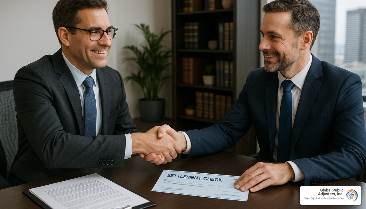 business owner and attorney shaking hands over settlement check - commercial insurance claims attorney