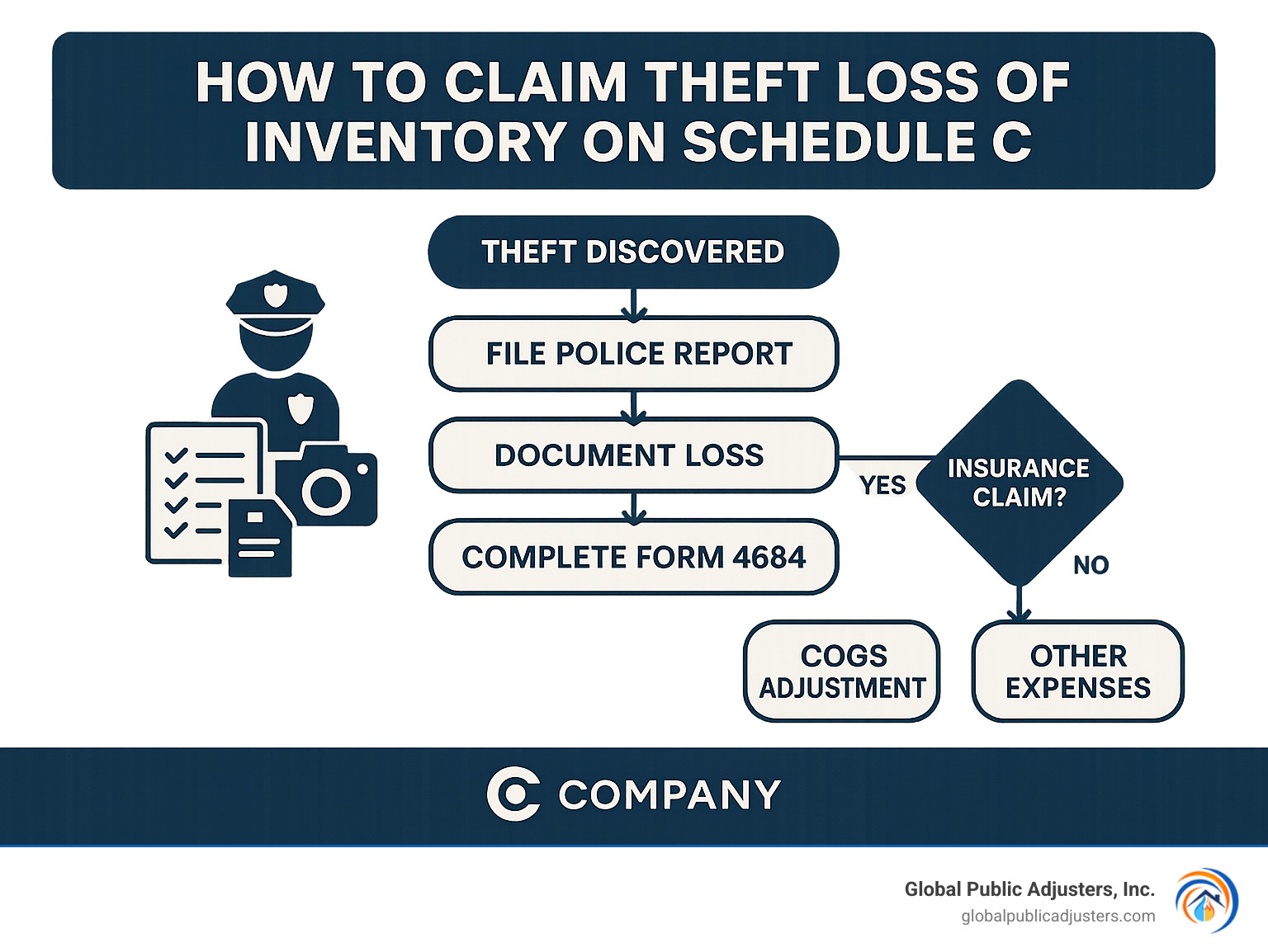 Flowchart showing the process for claiming inventory theft loss on Schedule C, starting with theft findy, proceeding through documentation with police report and insurance claim, Form 4684 completion, and ending with either COGS adjustment or Other Expenses reporting on Schedule C - how to claim theft loss of inventory on schedule c infographic Flowchart showing the process for claiming inventory theft loss on Schedule C, starting with theft findy, proceeding through documentation with police report and insurance claim, Form 4684 completion, and ending with either COGS adjustment or Other Expenses reporting on Schedule C - how to claim theft loss of inventory on schedule c infographic
