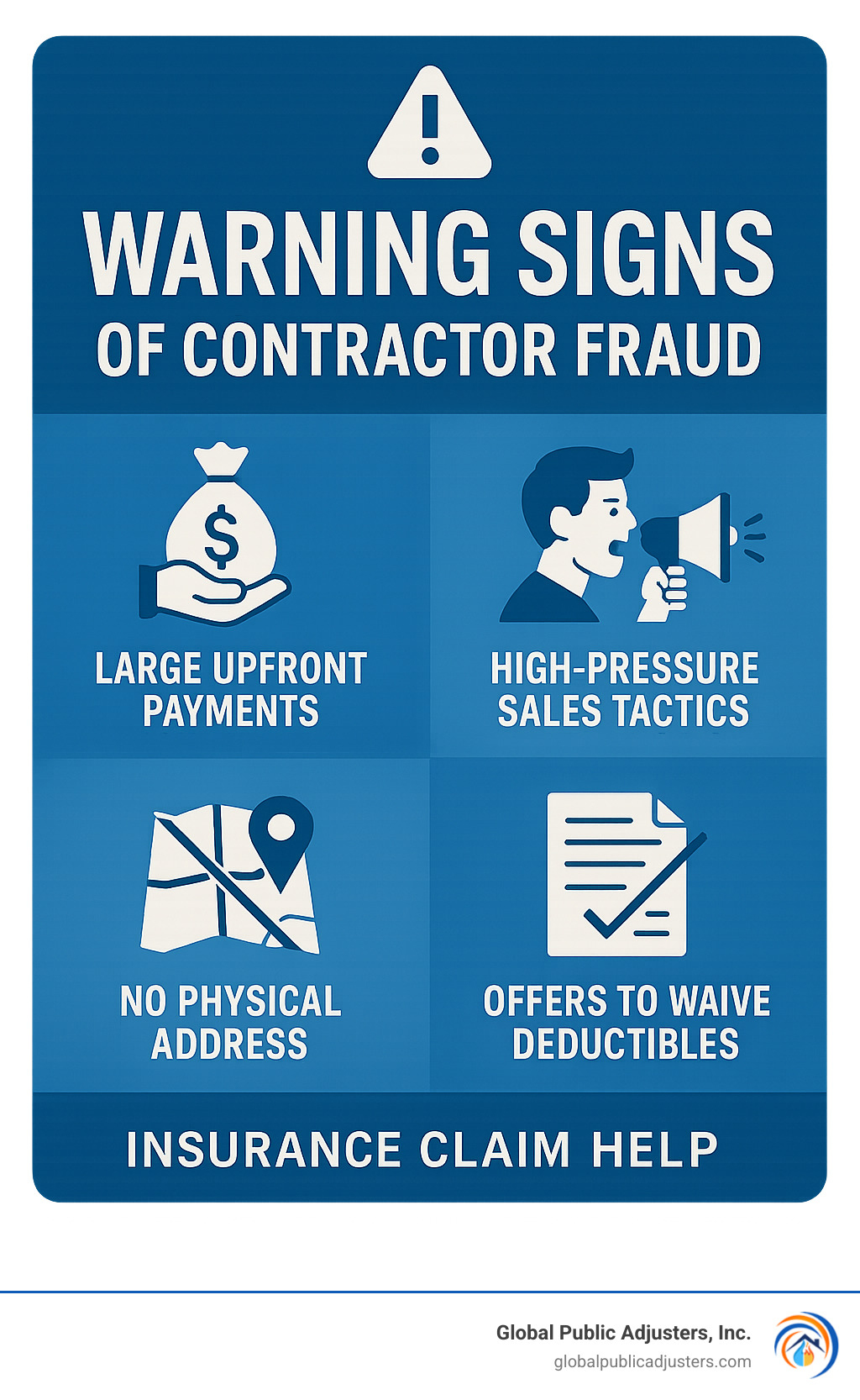 Warning signs of contractor fraud including demands for large upfront payments, high-pressure sales tactics, no physical address, and offers to waive deductibles - insurance claim help infographic Warning signs of contractor fraud including demands for large upfront payments, high-pressure sales tactics, no physical address, and offers to waive deductibles - insurance claim help infographic