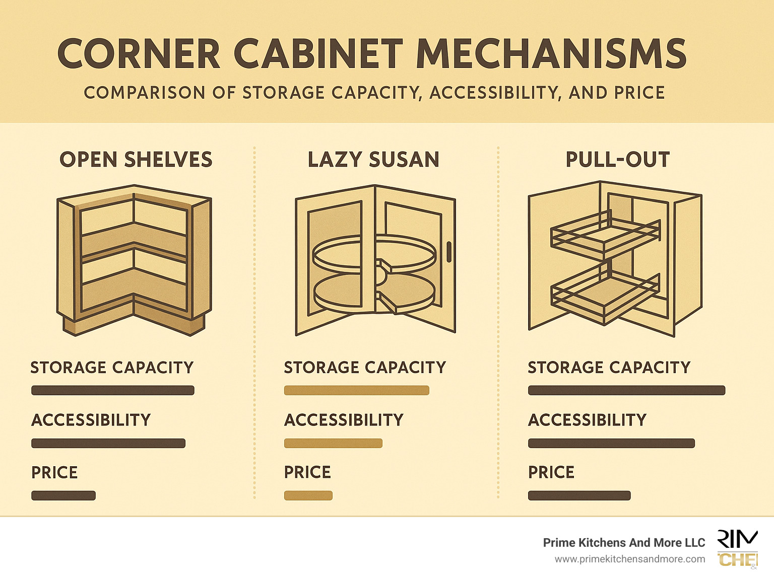 Comparison of different corner cabinet mechanisms showing storage capacity, accessibility, and price points - corner kitchen remodel infographic