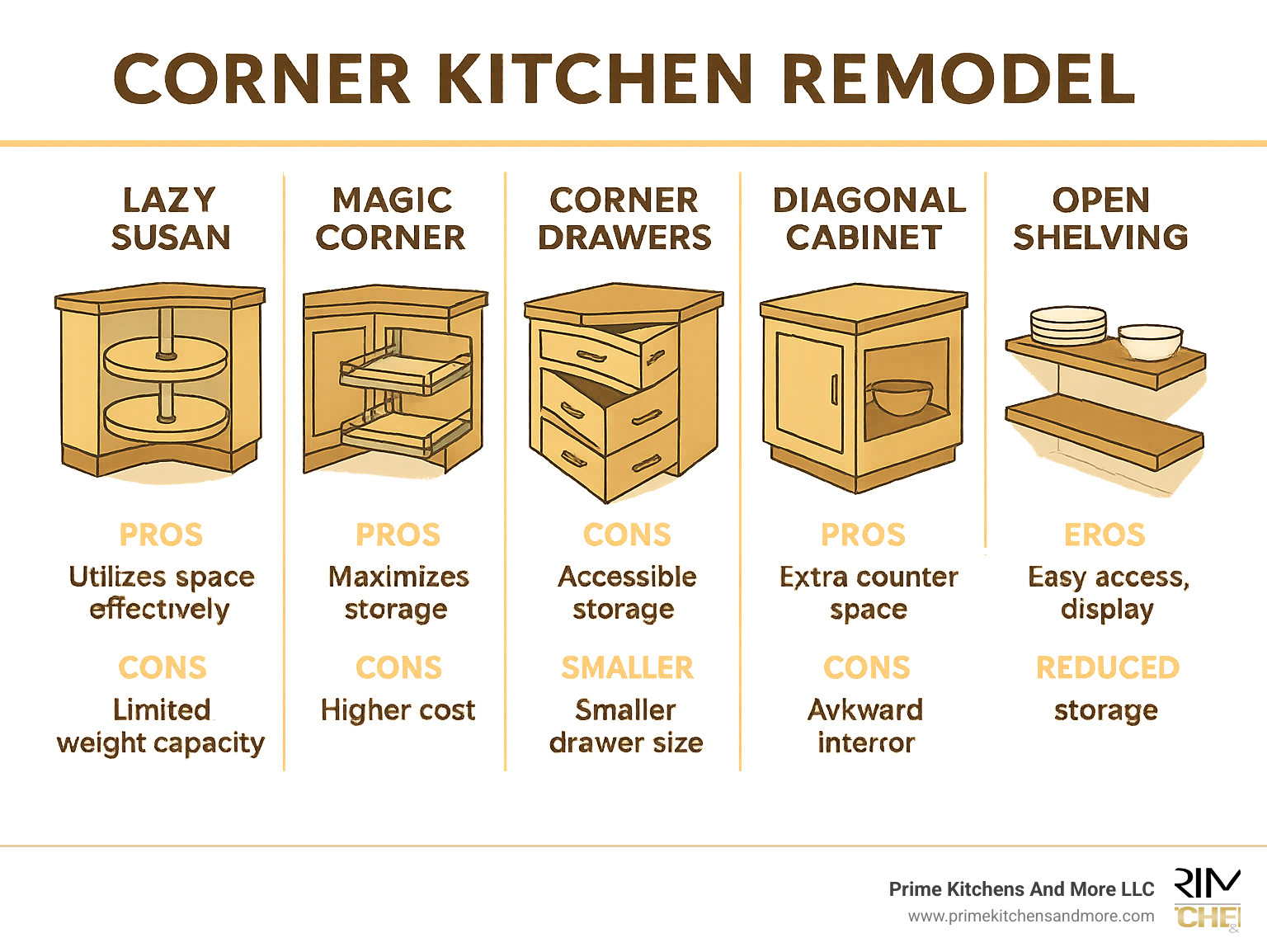 Infographic showing common corner cabinet solutions including lazy susan, magic corner, corner drawers, diagonal cabinet, and open shelving with pros and cons of each solution type - corner kitchen remodel infographic