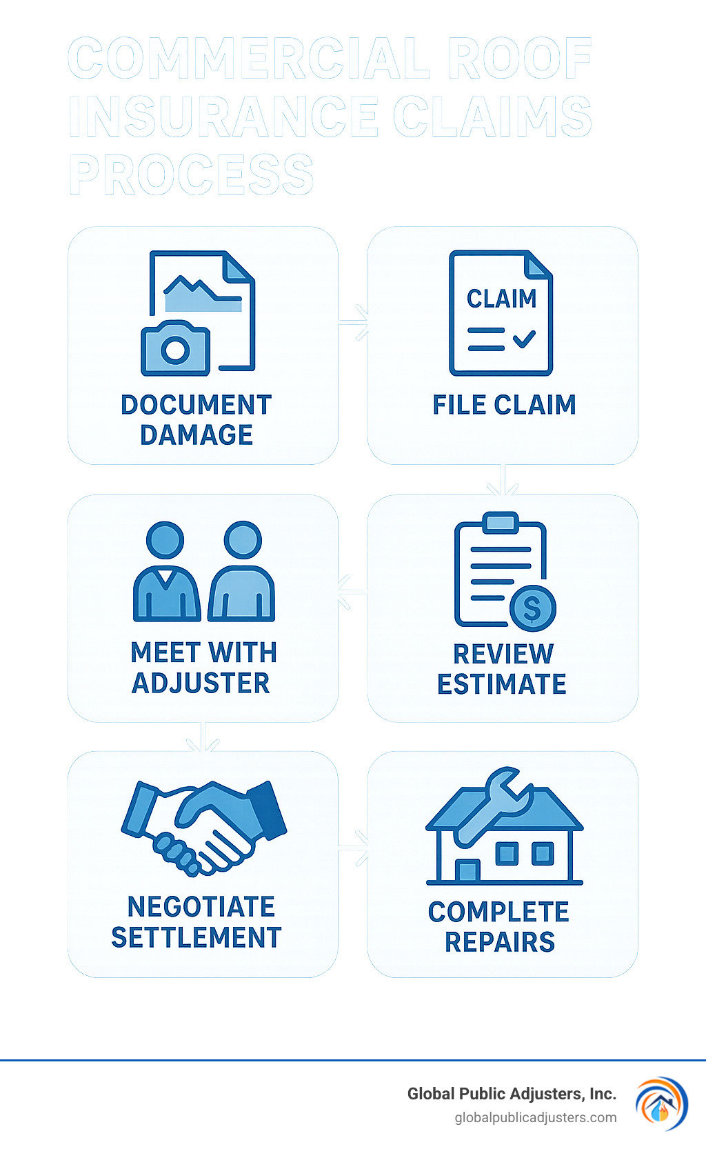 Commercial roof insurance claims process showing 6 steps: 1) Document damage 2) File claim 3) Meet with adjuster 4) Review estimate 5) Negotiate settlement 6) Complete repairs - commercial roof insurance claims infographic