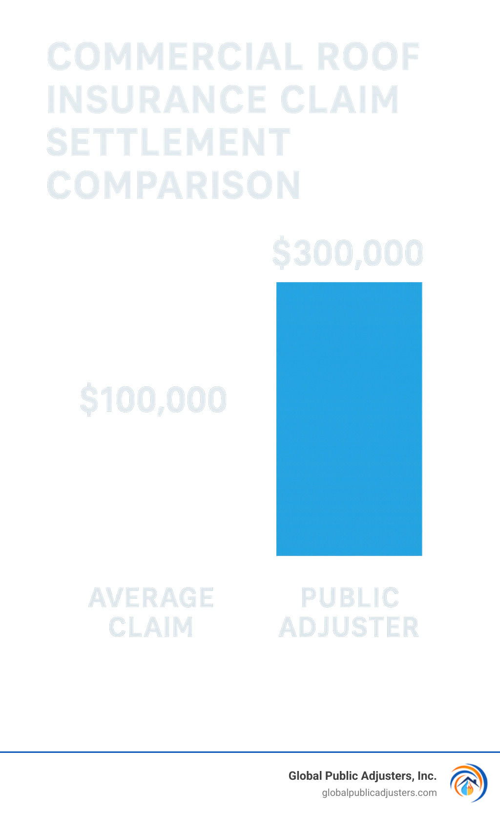 Commercial roof insurance claim settlement comparison showing average vs public adjuster results - commercial roof insurance claims infographic