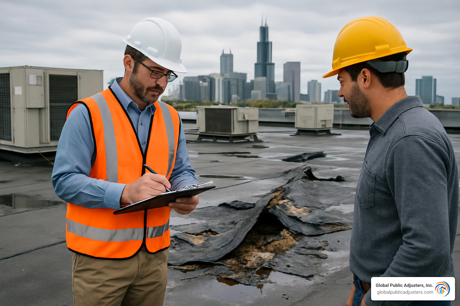 Insurance adjuster inspecting commercial roof damage - commercial roof insurance claims