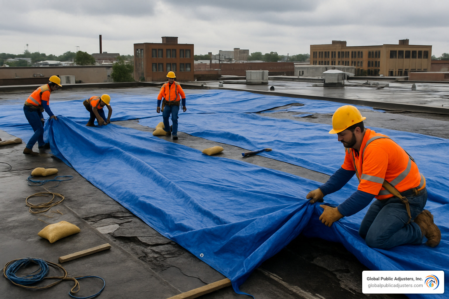 Commercial roof emergency tarping crew securing a damaged flat roof - commercial roof insurance claims