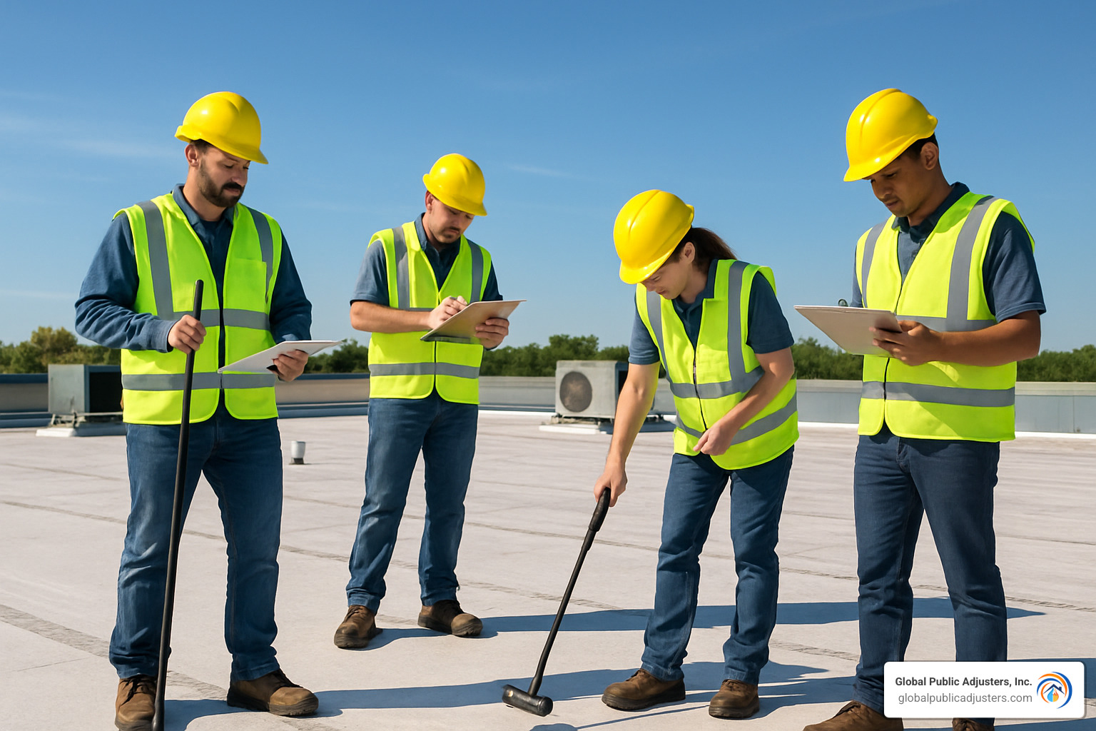 Maintenance crew performing commercial roof inspection - commercial roof insurance claims