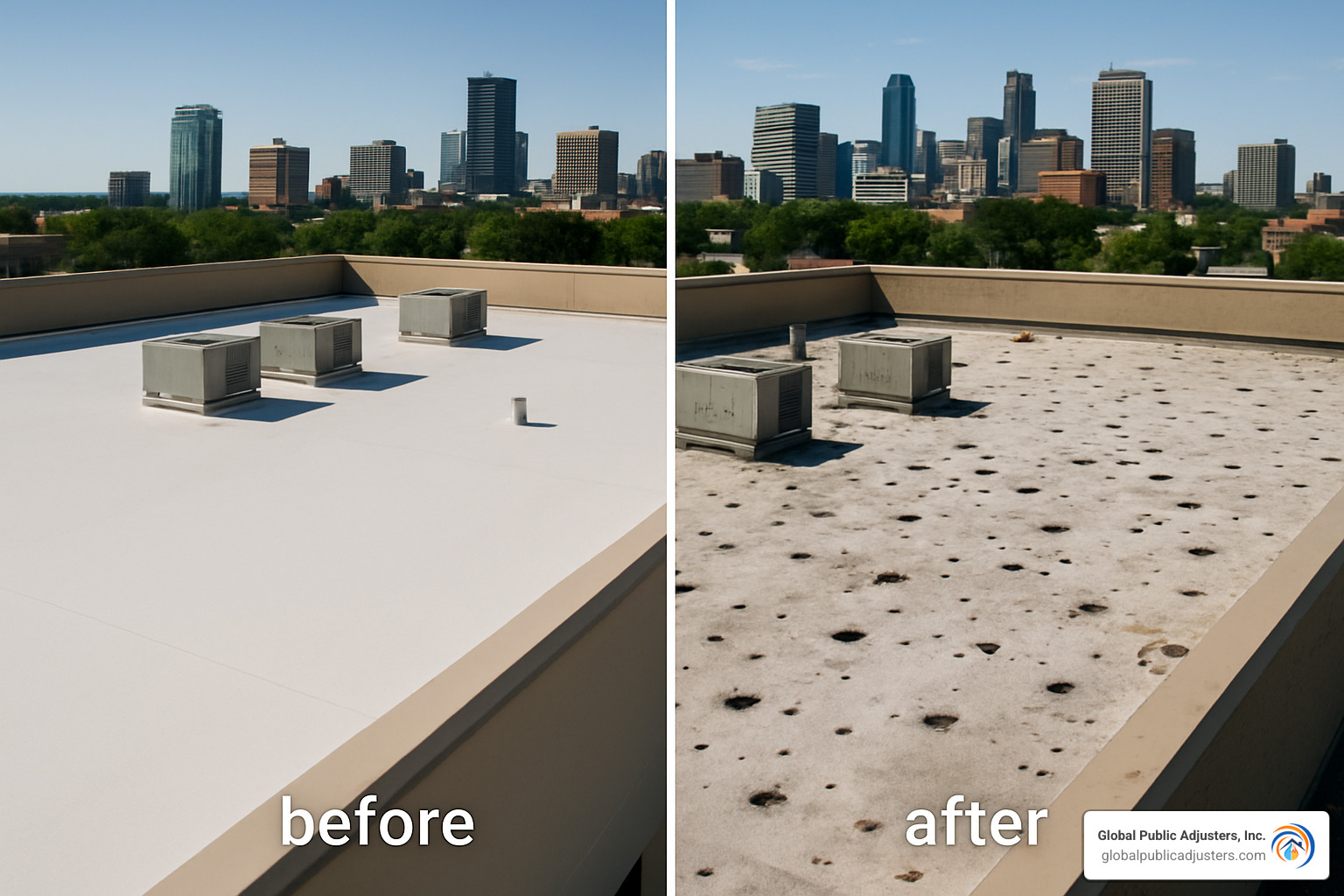 Split-screen showing commercial roof before and after hail damage - commercial roof insurance claims