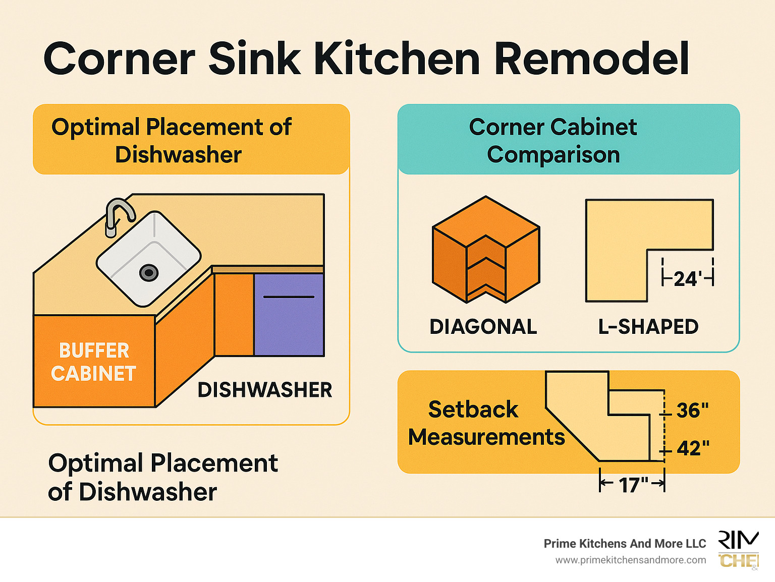 Corner sink kitchen remodel workflow diagram showing optimal placement of dishwasher with buffer cabinet, diagonal vs L-shaped cabinet comparison, and standard setback measurements for 36" and 42" cabinets - corner sink kitchen remodel infographic