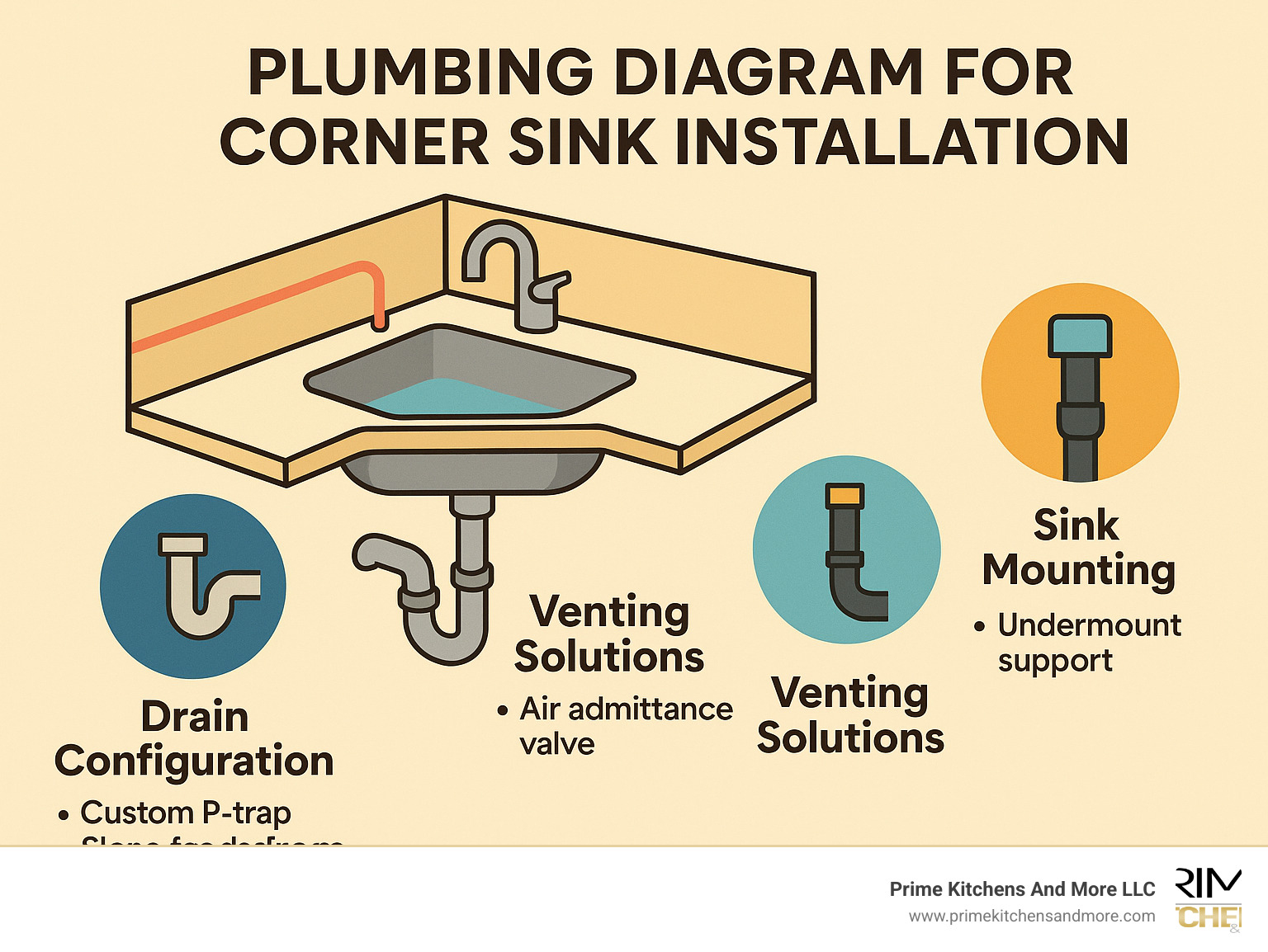 Plumbing diagram for corner sink installation - corner sink kitchen remodel infographic