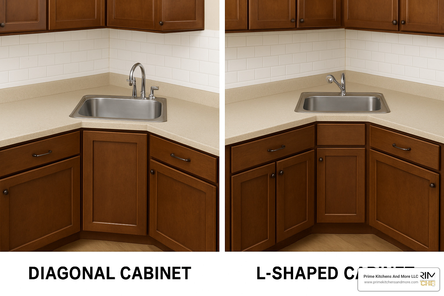 corner sink cabinet options showing diagonal and L-shaped designs - corner sink kitchen remodel