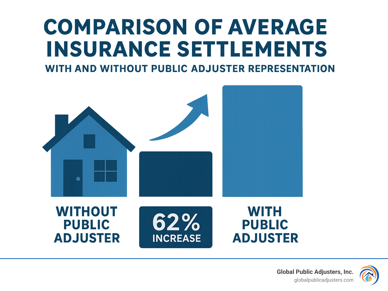 Comparison of average insurance settlements with and without public adjuster representation, showing a 62% increase when using professional help - home insurance adjusters near me infographic
