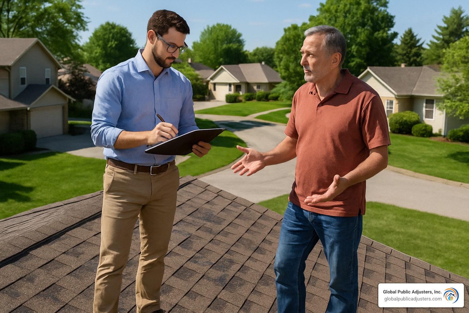 Local public adjuster inspecting roof damage with homeowner - home insurance adjusters near me