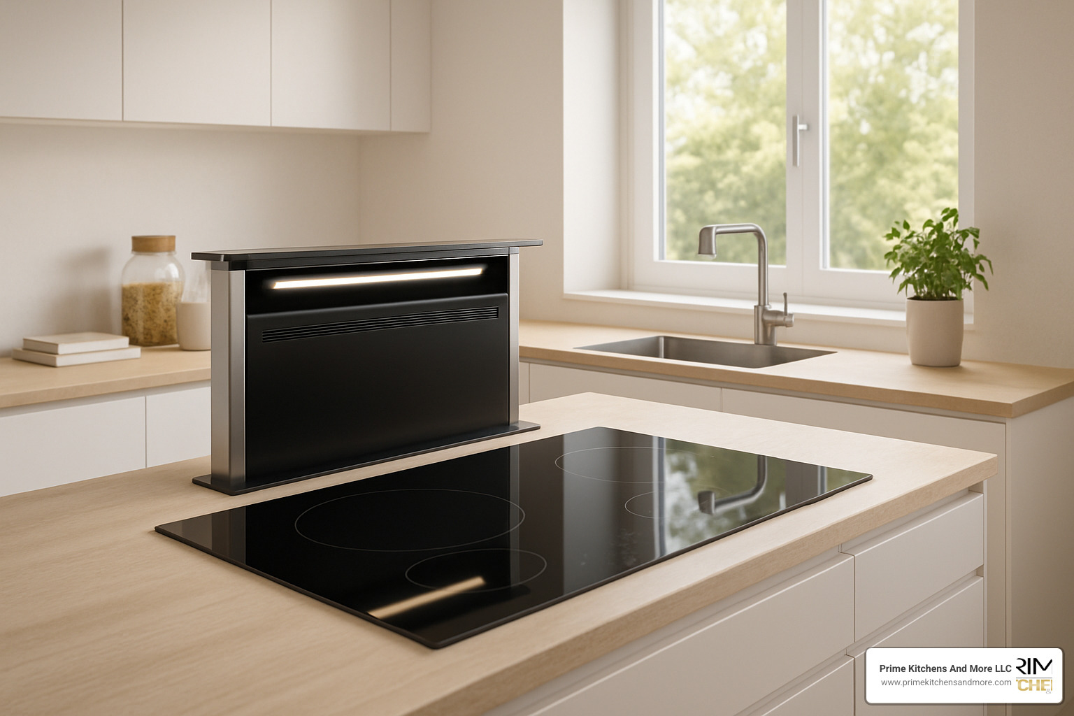 Pop-up downdraft vent rising from kitchen countertop - small square kitchen remodel ideas