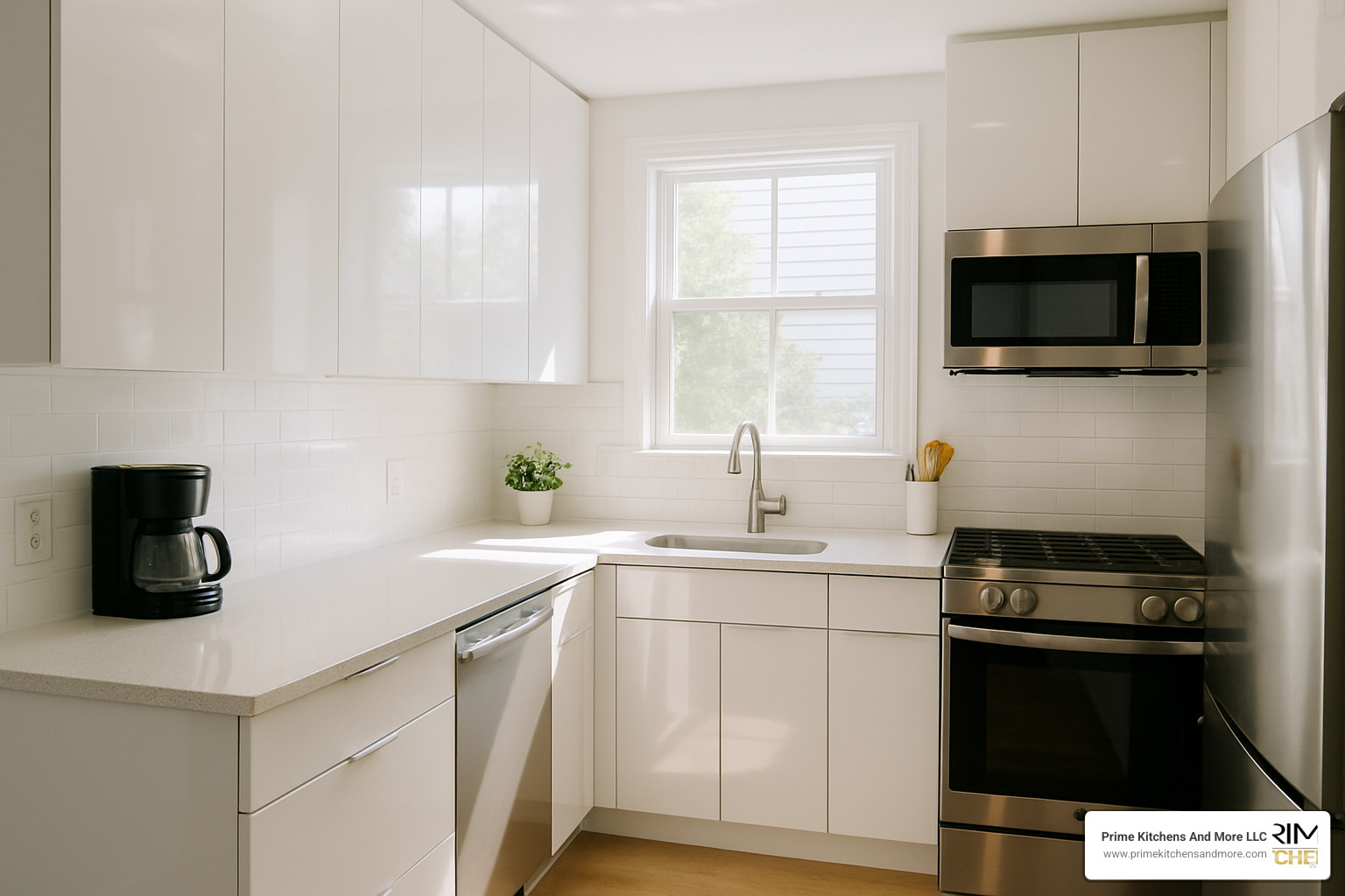 Glossy white kitchen cabinets reflecting natural light from a window - small square kitchen remodel ideas