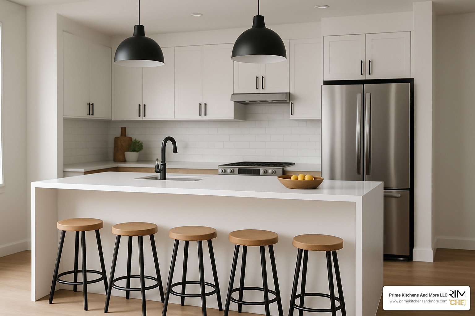 Kitchen peninsula with waterfall edge and tucked-in bar stools - small square kitchen remodel ideas