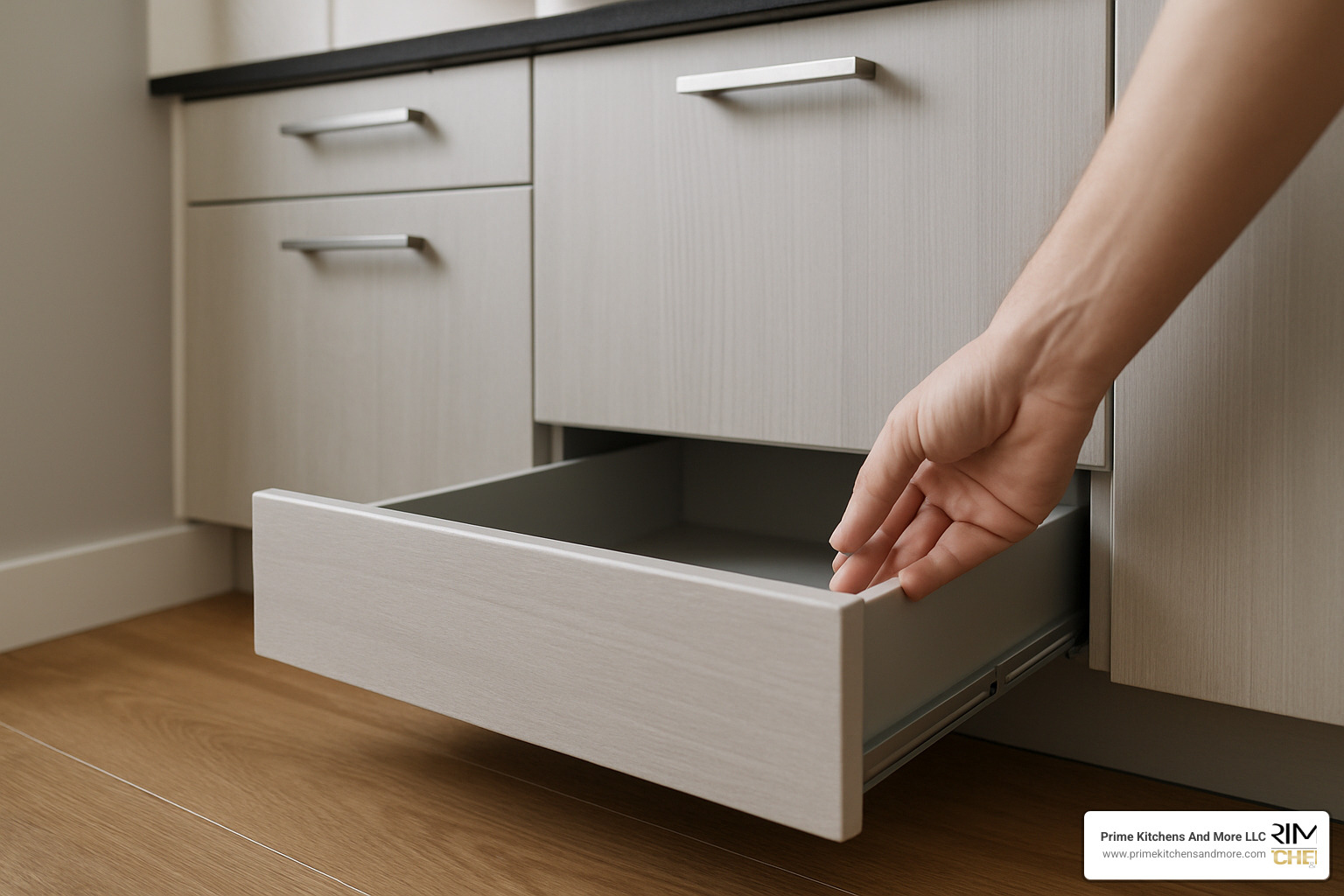 Toe-kick drawer being pulled out from under kitchen cabinet - small square kitchen remodel ideas