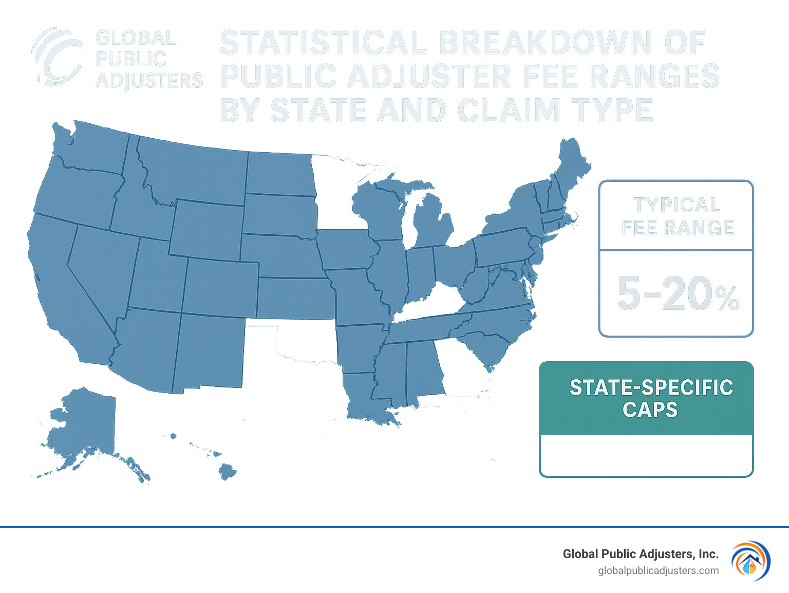 Statistical breakdown of public adjuster fee ranges by state and claim type, showing typical 5-20% range with state-specific caps - public insurance adjuster infographic