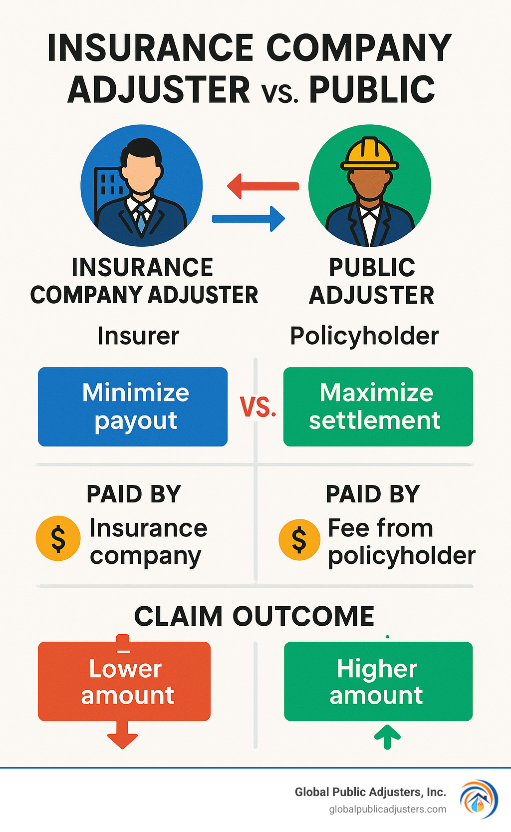 Infographic showing the workflow comparison between insurance company adjusters who work for the insurer versus public adjusters who work for policyholders, including key differences in priorities, payment sources, and claim outcomes - public insurance adjuster infographic