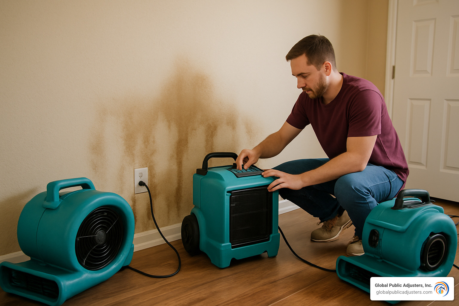 homeowner drying wall with fans and dehumidifiers - mold damage claims