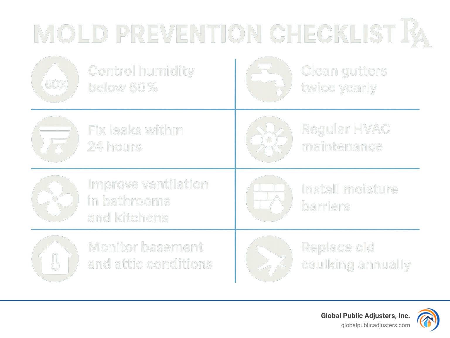 Infographic showing mold prevention checklist: Control humidity below 60%, Fix leaks within 24 hours, Clean gutters twice yearly, Improve ventilation in bathrooms and kitchens, Regular HVAC maintenance, Install moisture barriers, Monitor basement and attic conditions, Replace old caulking annually - mold damage claims infographic