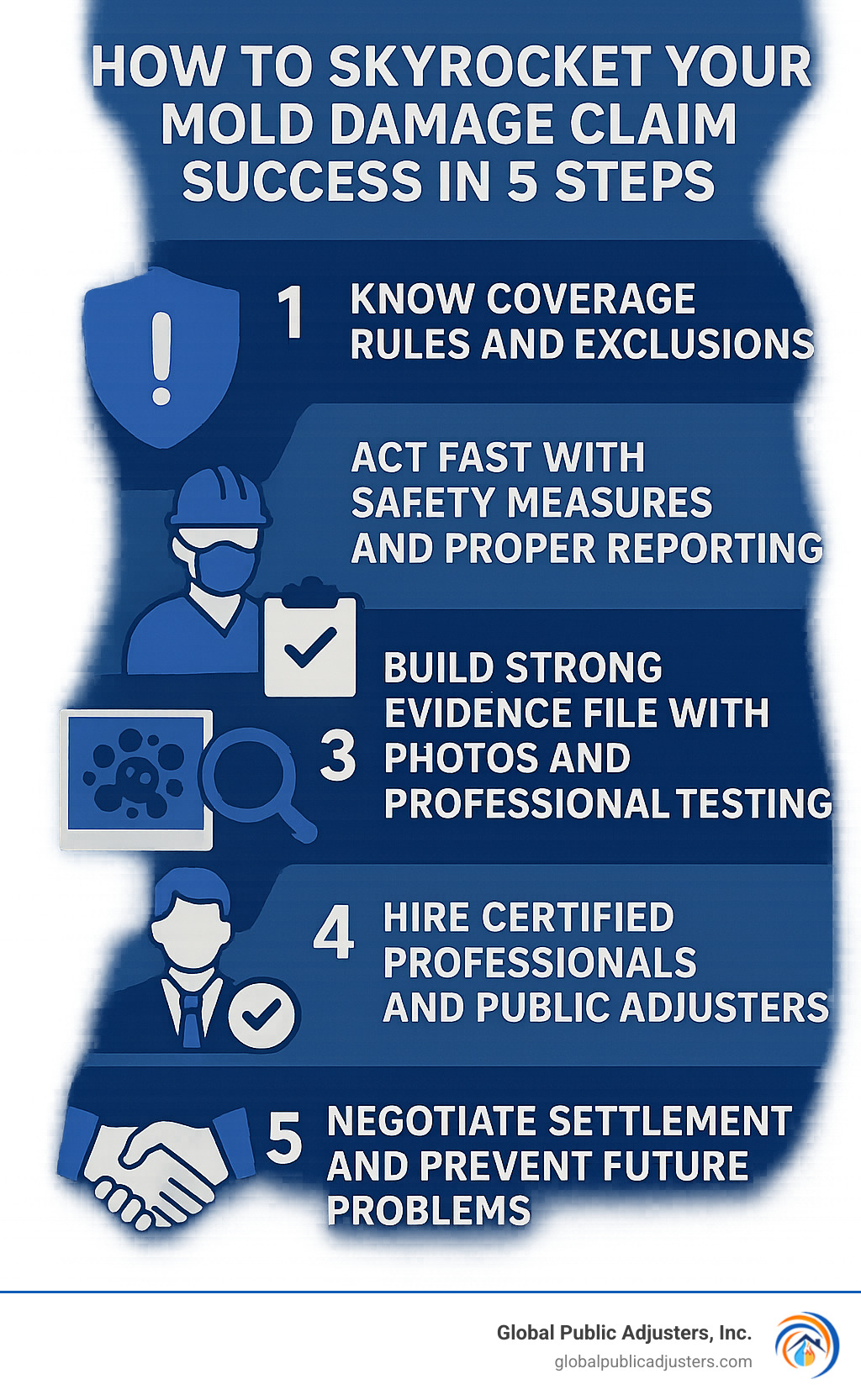Infographic showing the 5-step mold damage claims process: Step 1 - Know coverage rules and exclusions, Step 2 - Act fast with safety measures and proper reporting, Step 3 - Build strong evidence file with photos and professional testing, Step 4 - Hire certified professionals and public adjusters, Step 5 - Negotiate settlement and prevent future problems - mold damage claims infographic