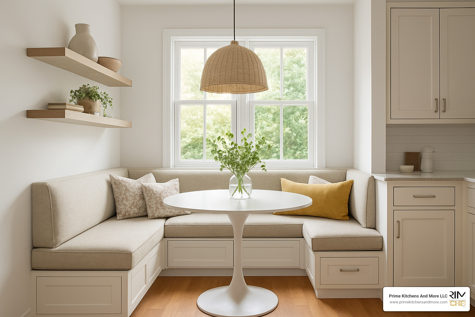 Banquette seating in a square kitchen corner with window - square kitchen renovation ideas