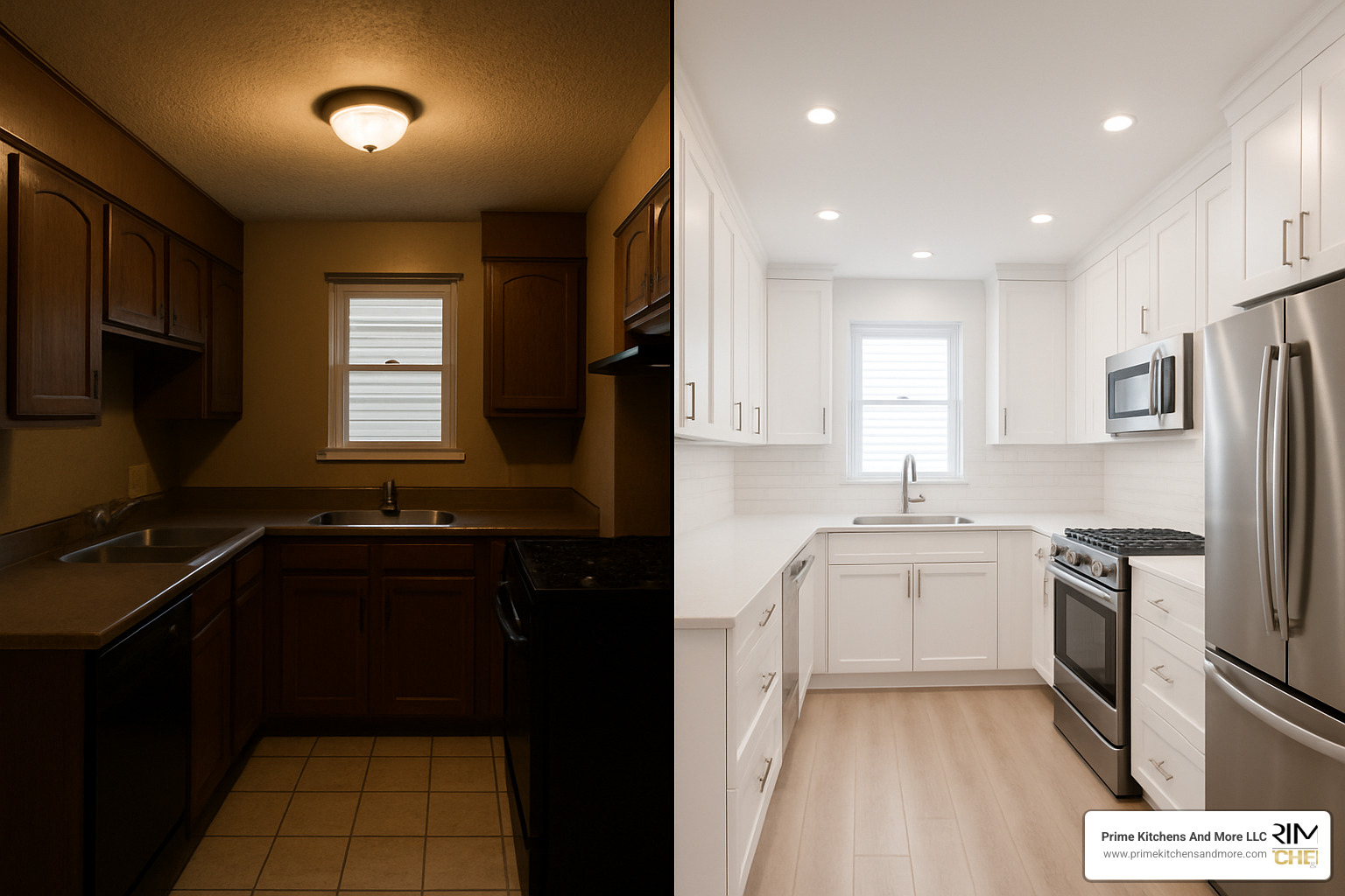 Before and after square kitchen renovation showing change from dark, cramped space to bright, efficient layout - square kitchen renovation ideas