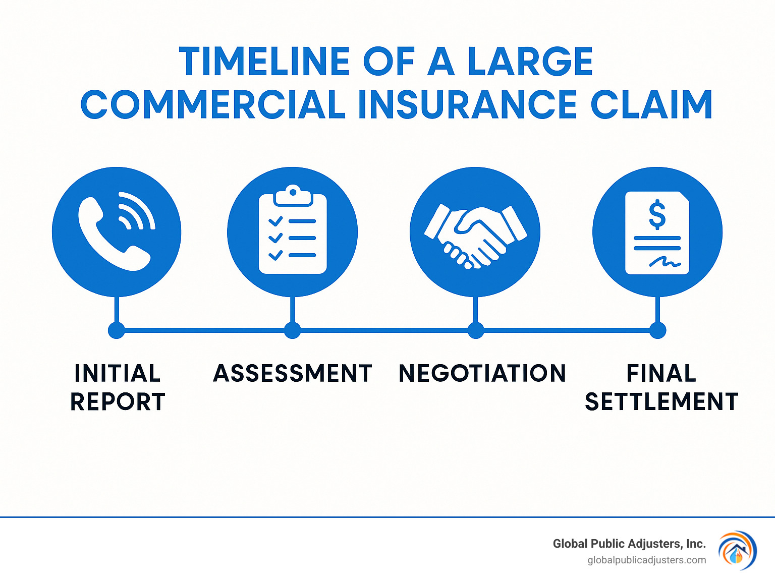 Timeline showing the phases of a large commercial insurance claim from initial report through final settlement - commercial insurance claim adjuster infographic