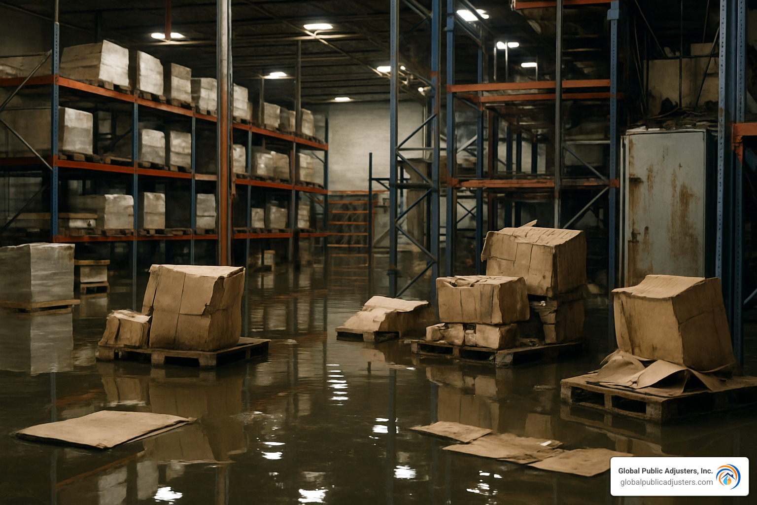 flooded warehouse with water damage to inventory and equipment - commercial insurance claim adjuster