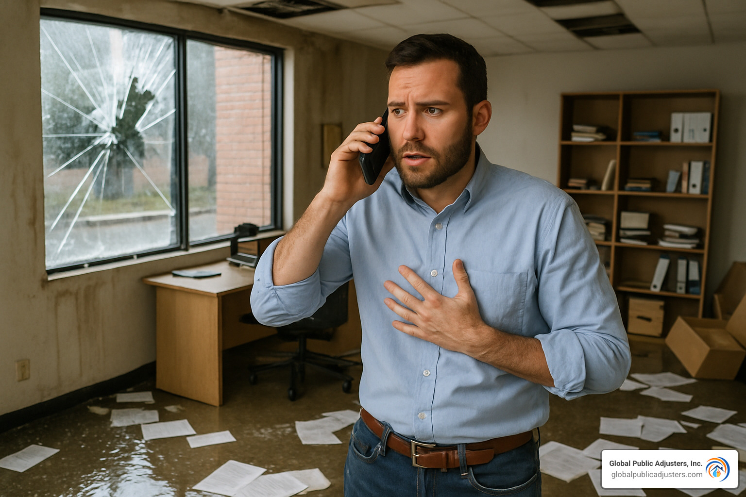 business owner on phone with insurance company after property damage - commercial property insurance claim