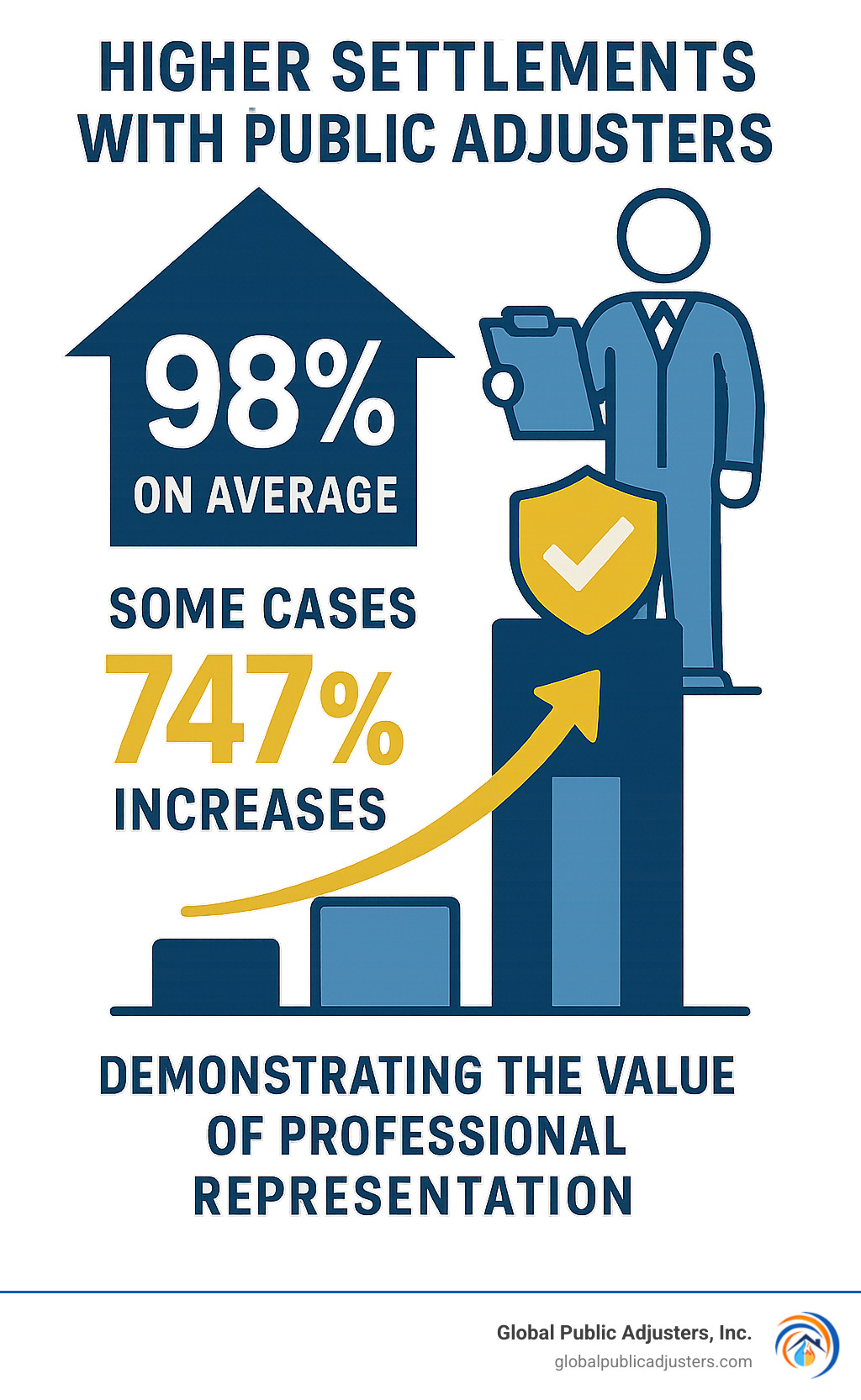 Statistical infographic showing average settlement increases with public adjusters: 98% higher settlements on average, with some cases showing 747% increases, demonstrating the value of professional representation - orlando public adjusters infographic