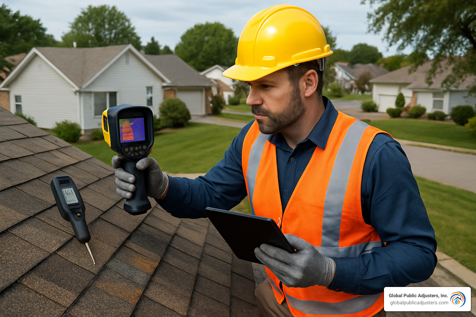 Adjuster conducting thorough roof inspection with professional equipment - public adjuster for home insurance claim Adjuster conducting thorough roof inspection with professional equipment - public adjuster for home insurance claim