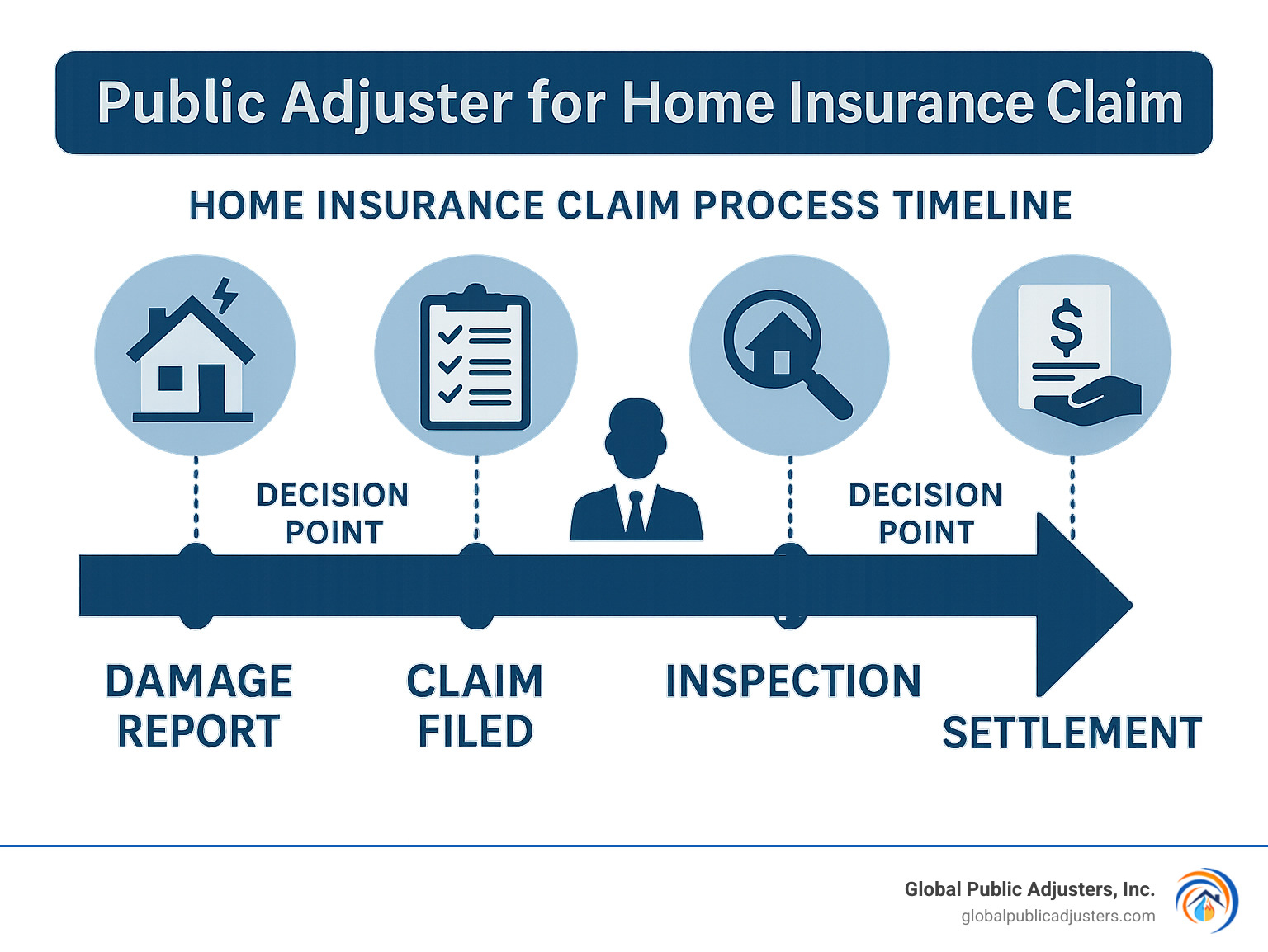 Infographic showing the home insurance claim process timeline from initial damage report through final settlement, highlighting decision points where a public adjuster can intervene to maximize outcomes - public adjuster for home insurance claim infographic Infographic showing the home insurance claim process timeline from initial damage report through final settlement, highlighting decision points where a public adjuster can intervene to maximize outcomes - public adjuster for home insurance claim infographic