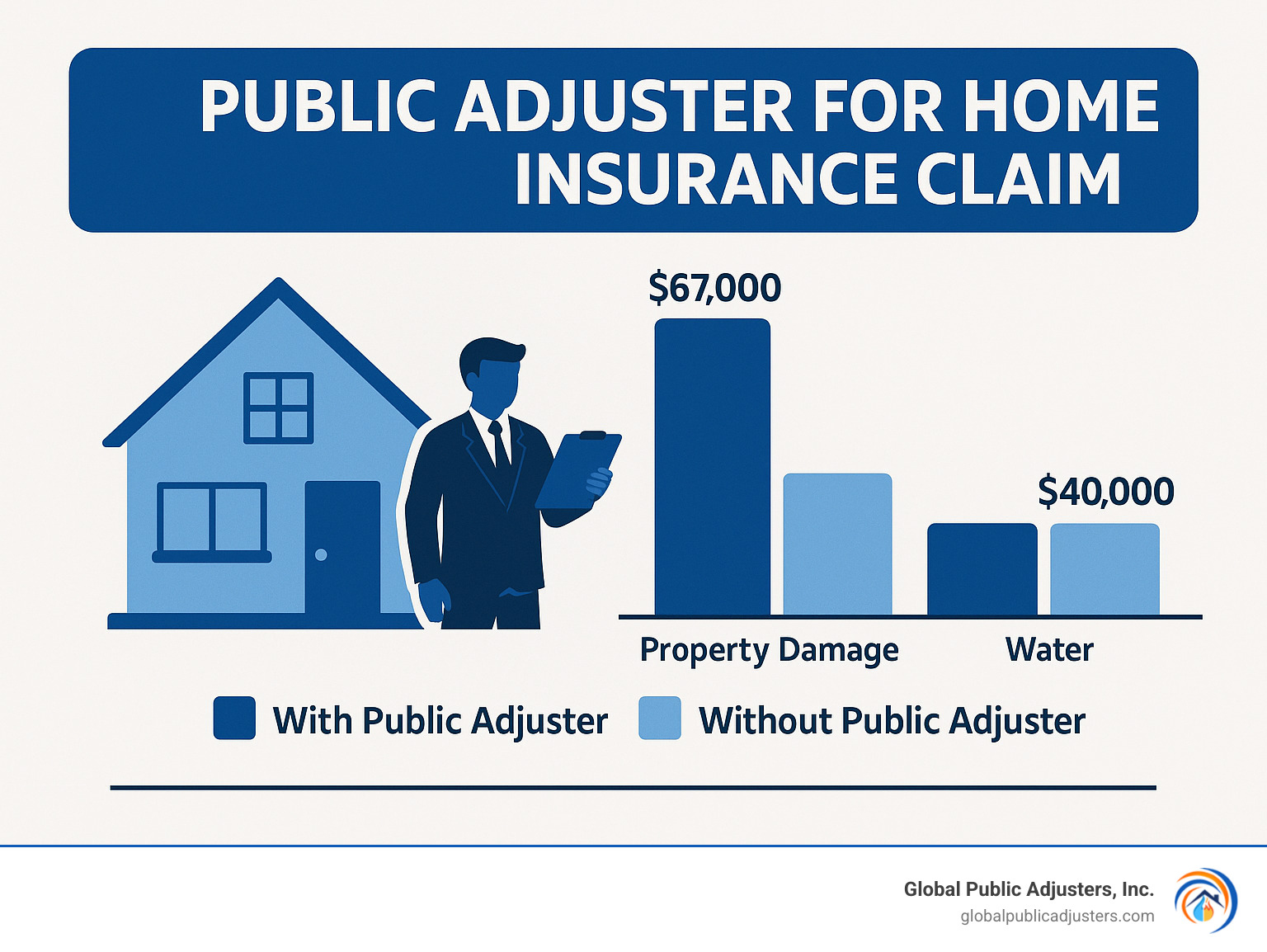 Statistical comparison showing average settlement amounts with and without public adjusters across different claim types - public adjuster for home insurance claim infographic Statistical comparison showing average settlement amounts with and without public adjusters across different claim types - public adjuster for home insurance claim infographic