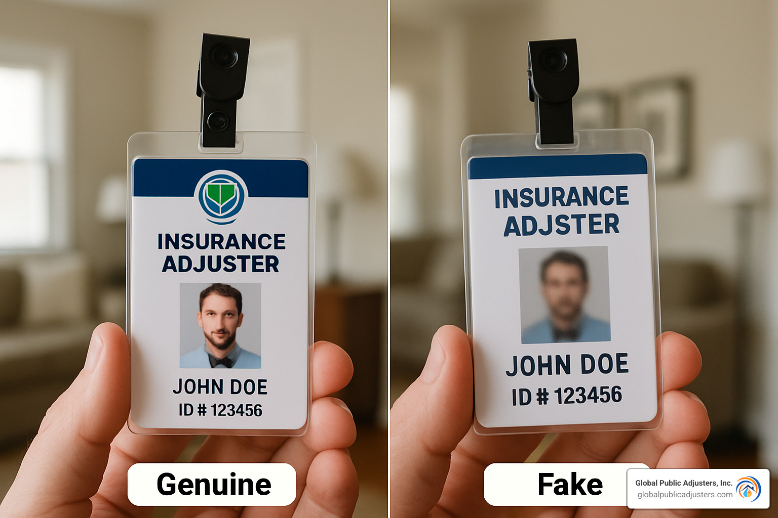 comparison of fake versus genuine adjuster identification - insurance claim help advice