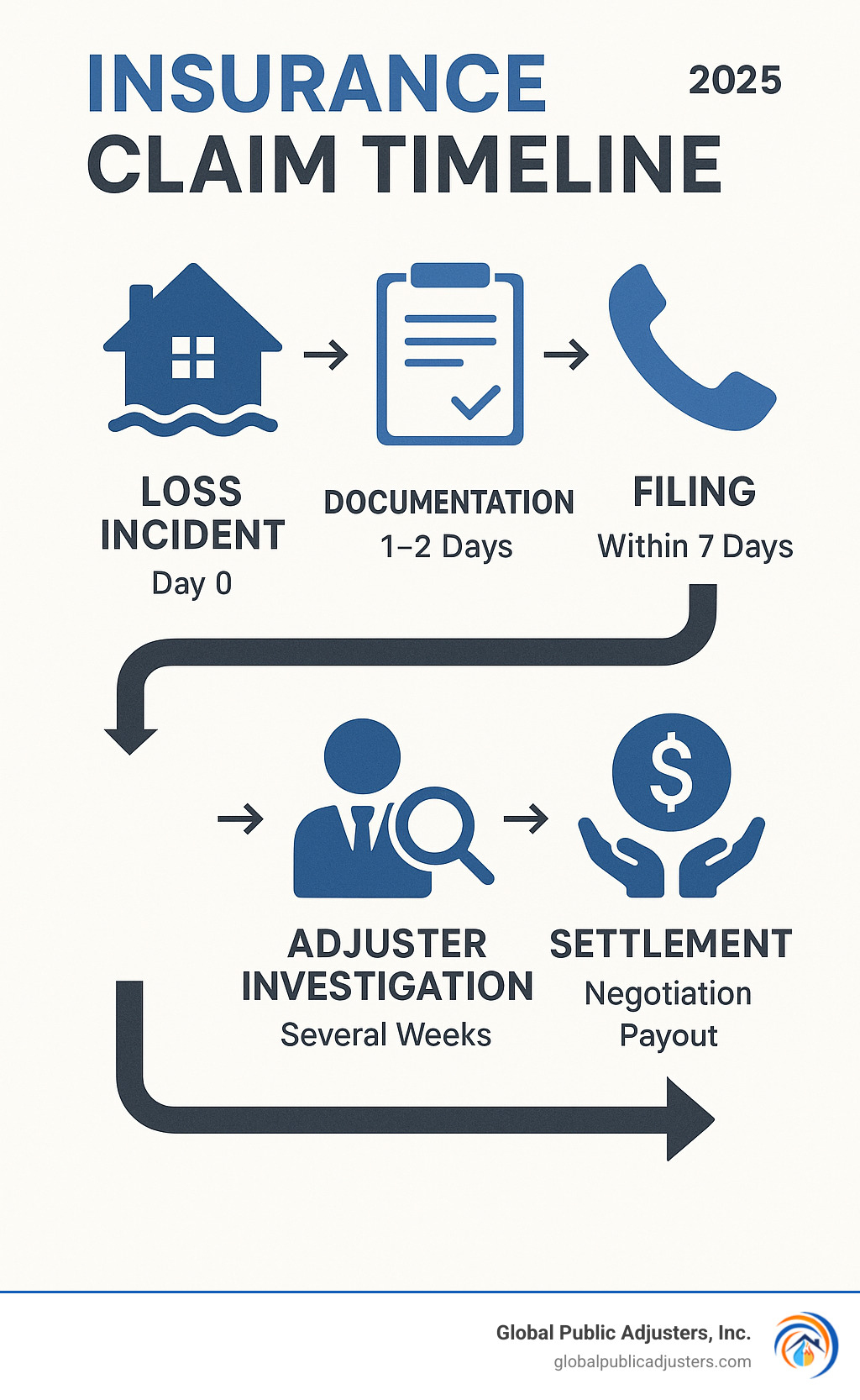 Comprehensive infographic showing the complete insurance claim timeline from initial loss incident through documentation, filing, adjuster investigation, negotiation, and final settlement payout with key timeframes and decision points marked - insurance claim help advice infographic