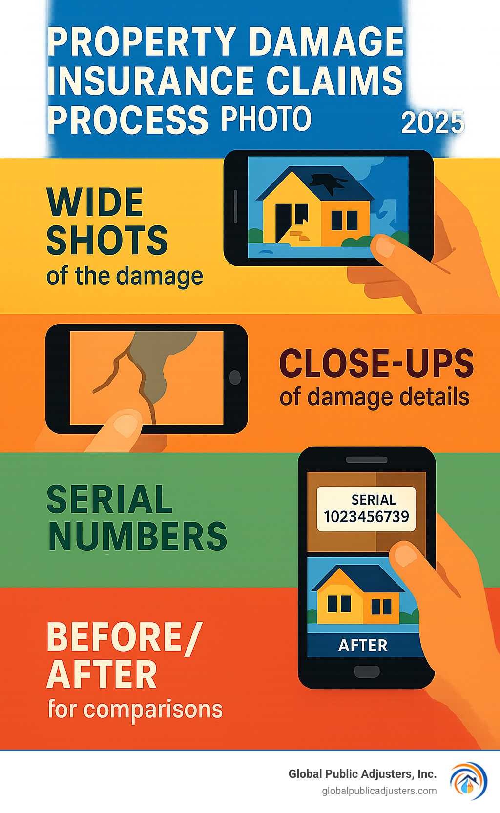 An infographic showing the best photo angles and documentation techniques for insurance claims, including wide shots, close-ups, serial numbers, and before/after comparisons.
