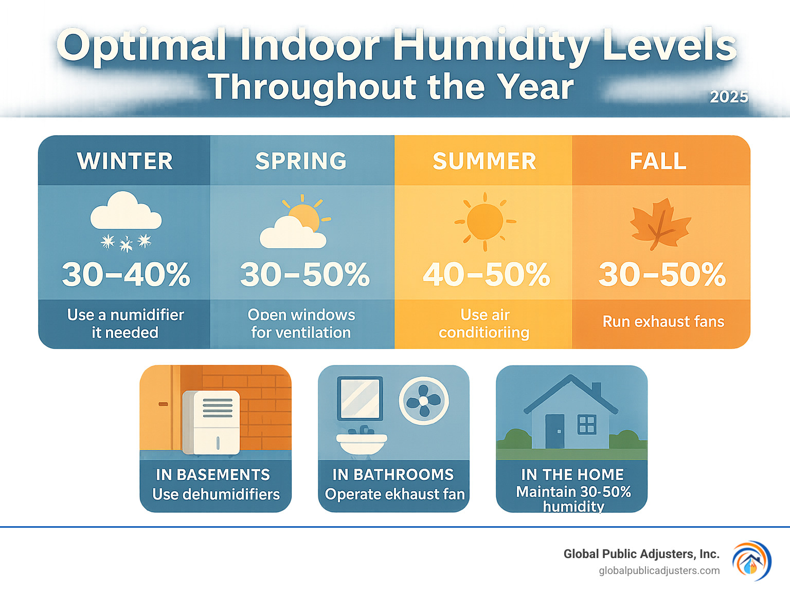 Infographic showing optimal indoor humidity levels throughout the year, with seasonal recommendations and tips for maintaining proper humidity in different areas of the home - insurance claims for mold damage infographic