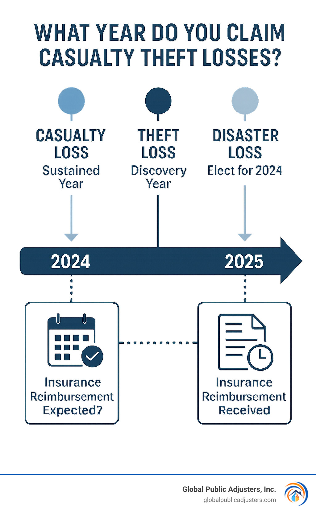 infographic showing timeline comparison between casualty loss sustained year, theft loss findy year, and disaster loss election options with key decision points for insurance reimbursement timing - what year do you claim casualty theft losses infographic