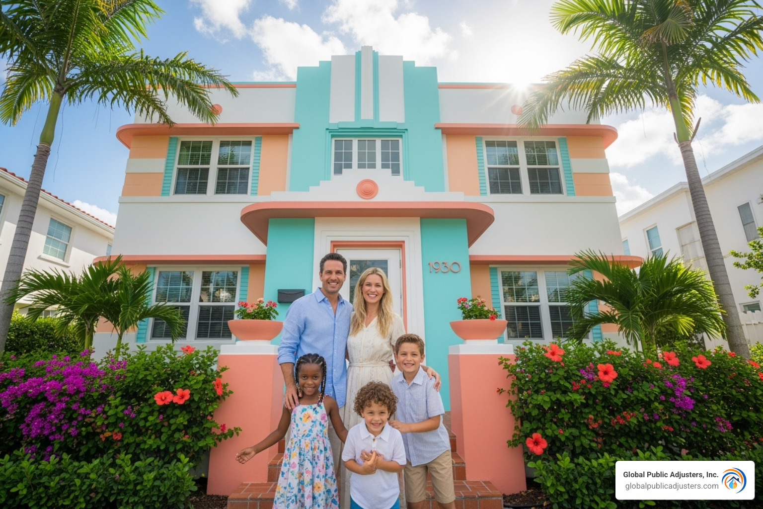 beautifully restored Miami home with a happy family in front - property damage claims lawyer miami beautifully restored Miami home with a happy family in front - property damage claims lawyer miami