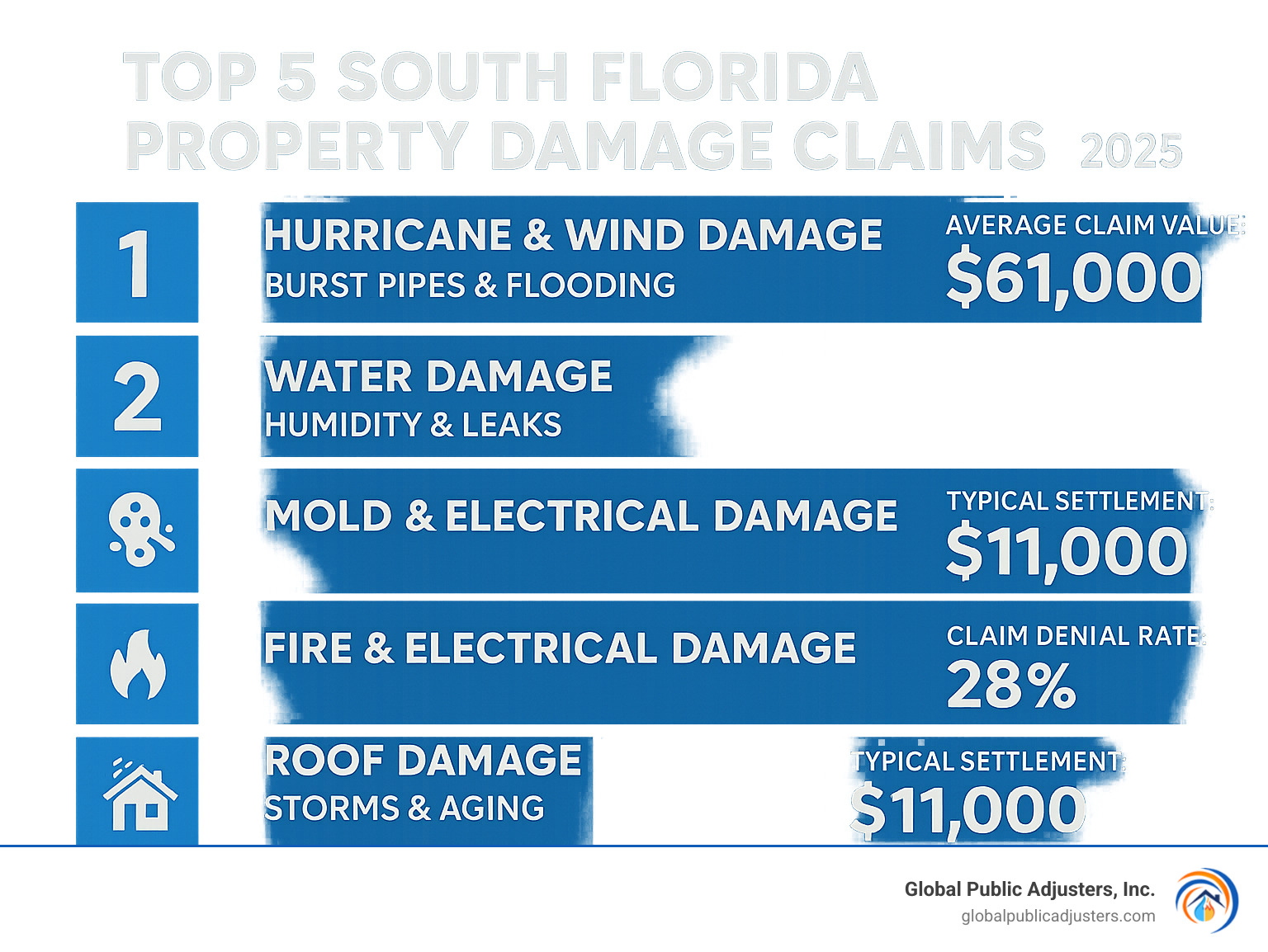 Infographic showing the top 5 most common and costly property damage claims in South Florida: 1. Hurricane and wind damage with average claim value, 2. Water damage from burst pipes and flooding, 3. Mold damage from humidity and leaks, 4. Fire and electrical damage, 5. Roof damage from storms and aging, including typical settlement amounts and claim denial rates - property damage claims lawyer miami infographic Infographic showing the top 5 most common and costly property damage claims in South Florida: 1. Hurricane and wind damage with average claim value, 2. Water damage from burst pipes and flooding, 3. Mold damage from humidity and leaks, 4. Fire and electrical damage, 5. Roof damage from storms and aging, including typical settlement amounts and claim denial rates - property damage claims lawyer miami infographic