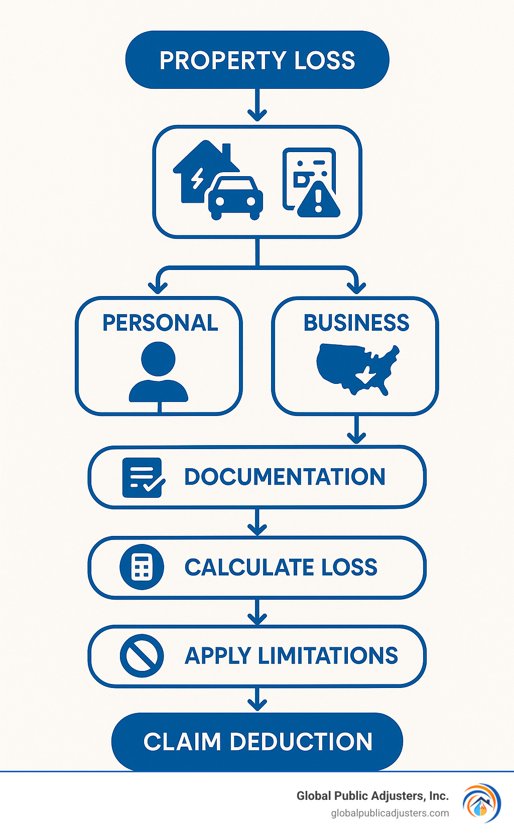 Infographic showing the eligibility flow: Property Loss → Personal vs Business → Federal Disaster Required for Personal → Documentation → Calculate Loss → Apply Limitations → Claim Deduction - who can claim a casualty and theft loss deduction infographic Infographic showing the eligibility flow: Property Loss → Personal vs Business → Federal Disaster Required for Personal → Documentation → Calculate Loss → Apply Limitations → Claim Deduction - who can claim a casualty and theft loss deduction infographic